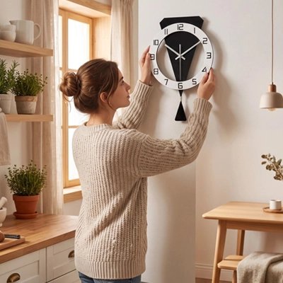 Horloge murale design ovale noir et blanc avec pendule doré - décoration salon moderne