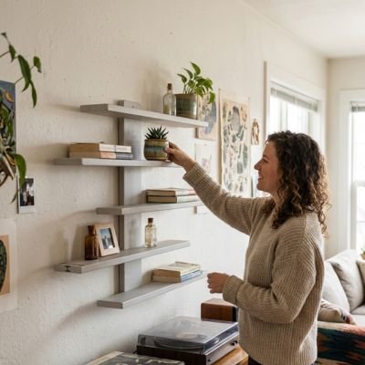 Etagère bois salon blanc décor