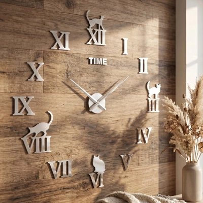 Horloge murale design DIY géante chiffres romains 3D - décoration salon mur vide - sans perçage