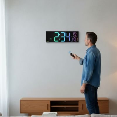 Horloge murale numérique LED cyan - affichage heure date température humidité - décoration chambre moderne