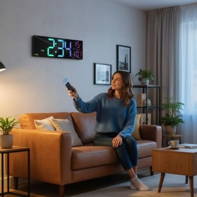 Horloge murale numérique LED visible la nuit - lumière douce cyan - idéale chambre à coucher