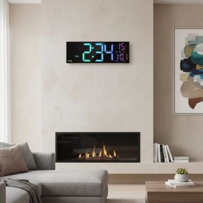 Horloge murale numérique avec télécommande - réglage luminosité et alarme depuis canapé - design noir