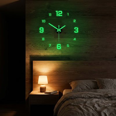 Horloge murale numérique phosphorescente lueur verte - sans électricité - idéale chambre à coucher