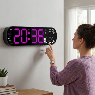 Horloge numérique murale LED rose - affichage température ambiante - contrôle tactile luminosité