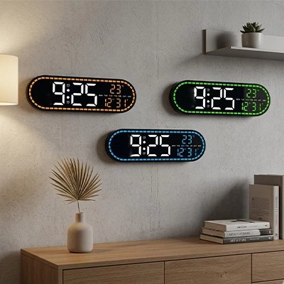 Horloge numérique murale avec bordure RGB multicolore - ambiance lumineuse personnalisable intérieur